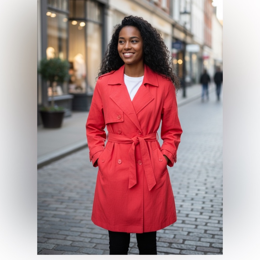 First Issue Red Belted Trench Coat M Women Lapel Cotton Blend VTG Classic‎ Boho
